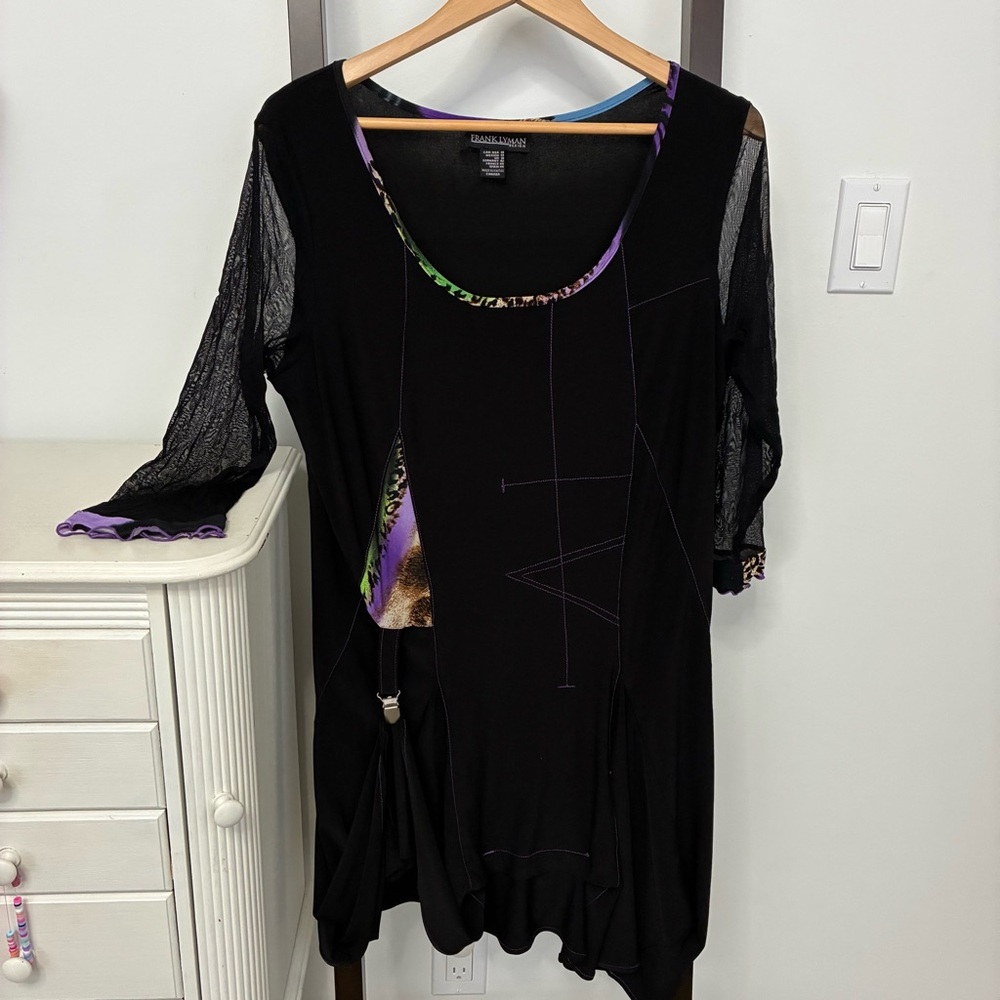 Frank Lyman Designs. Black tunic/Dress with Sheer Sleeves and Colorful Accents